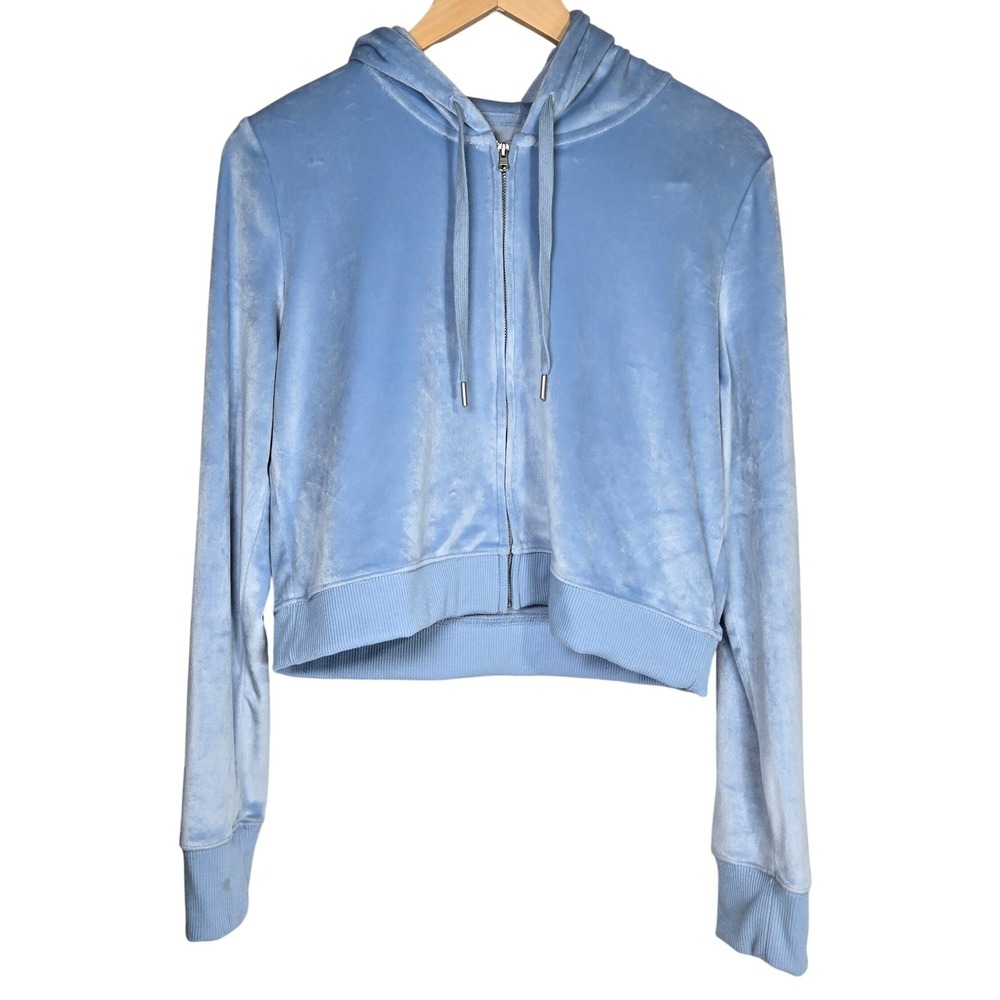 Aerie Real Good Velour Full Zip Hoodie Light Blue Cropped Sweatshirt Large